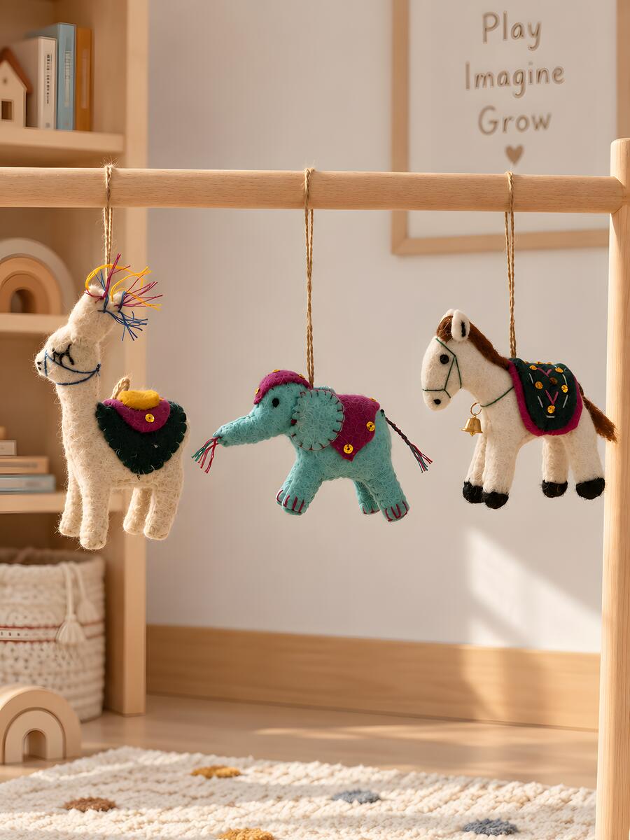 Designer Felt Animal Ornament Set of 3 – Llama, Elephant & Horse