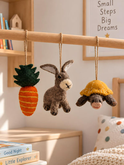Handmade Felt Animals Nursery Decor (Tortoise + Rabbit + Carrot)