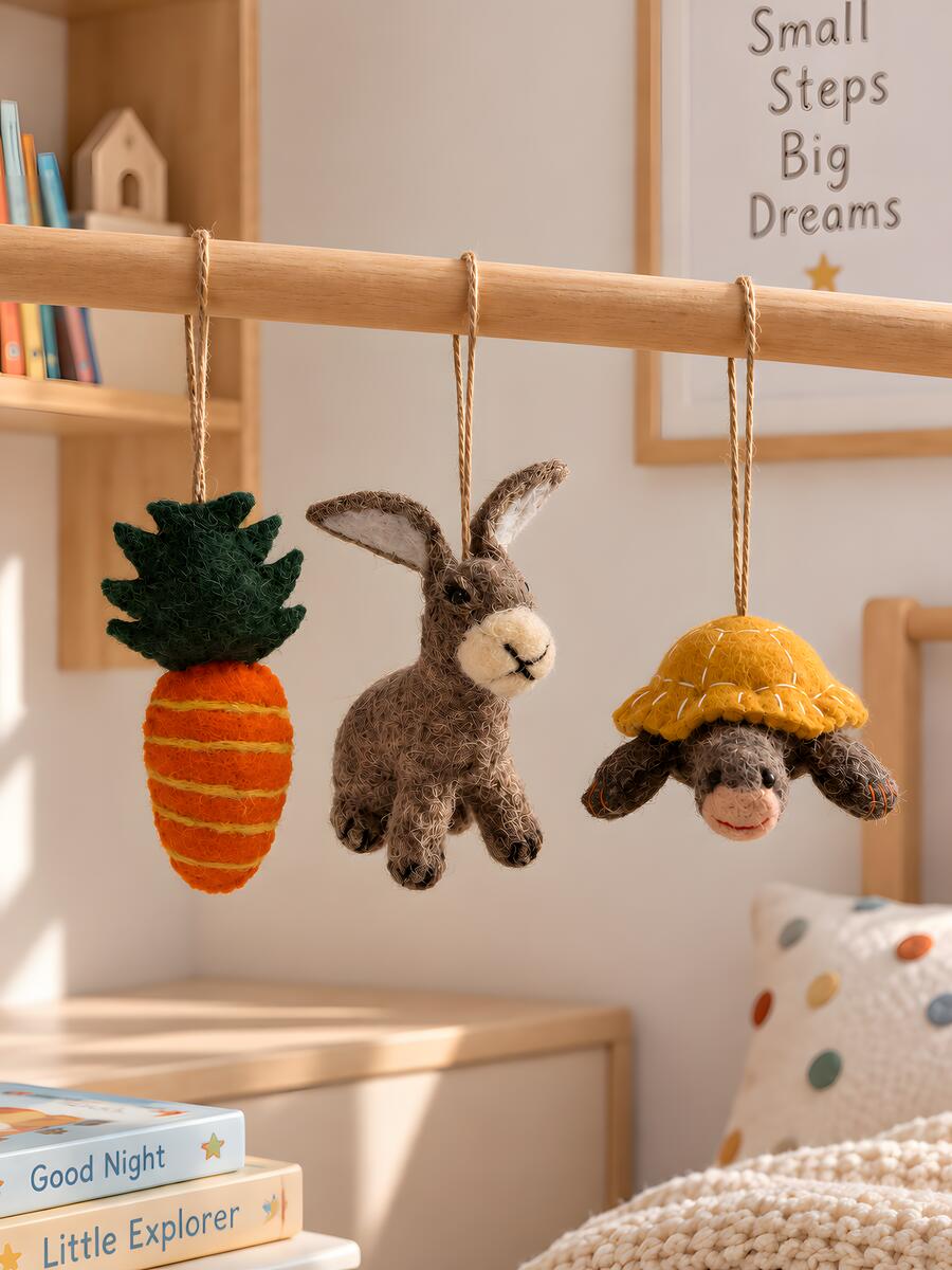 Handmade Felt Animals Nursery Decor (Tortoise + Rabbit + Carrot)