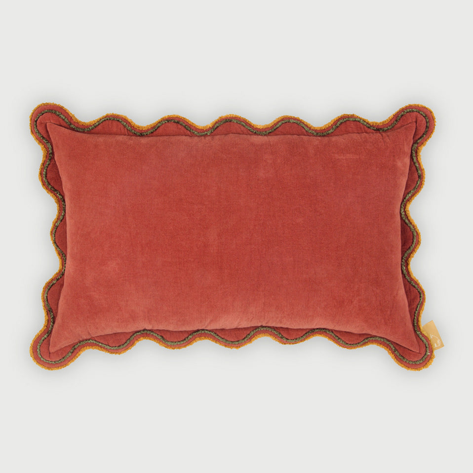 Aurora Scallop Carmine Embroidered Oblong Cushion Cover