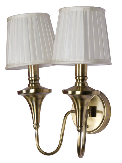 Gold Transitional 15 Inch Brass Double Wall Lamp Light With White Pleated Fabric Shades