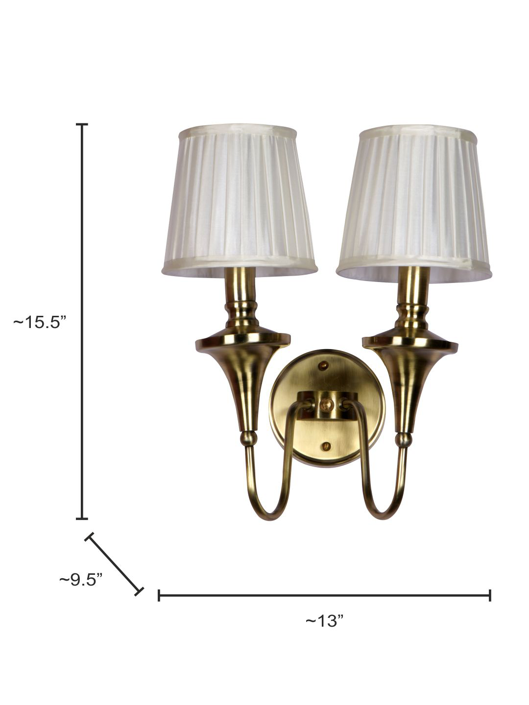 Gold Transitional 15 Inch Brass Double Wall Lamp Light With White Pleated Fabric Shades