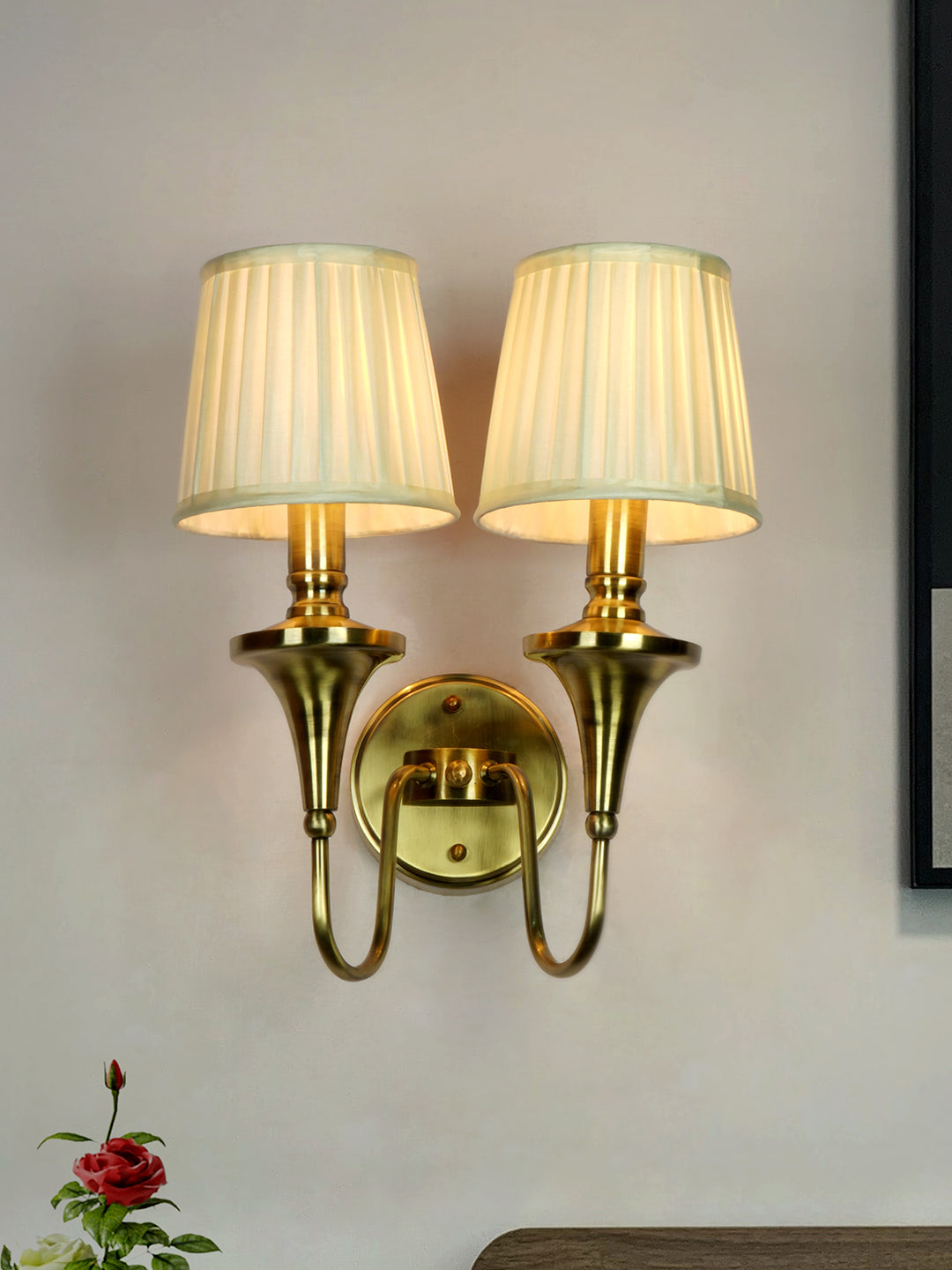 Gold Transitional 15 Inch Brass Double Wall Lamp Light With White Pleated Fabric Shades