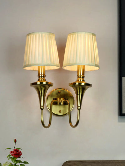 Gold Transitional 15 Inch Brass Double Wall Lamp Light With White Pleated Fabric Shades