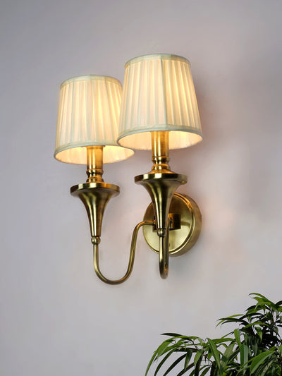 Gold Transitional 15 Inch Brass Double Wall Lamp Light With White Pleated Fabric Shades
