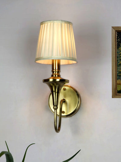 Gold Transitional 15 Inch Brass Single Wall Lamp Light With White Pleated Fabric Shade