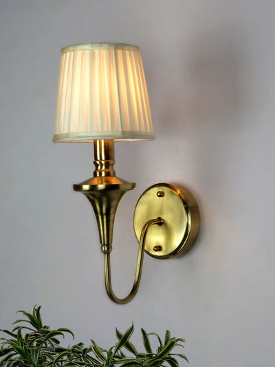 Gold Transitional 15 Inch Brass Single Wall Lamp Light With White Pleated Fabric Shade