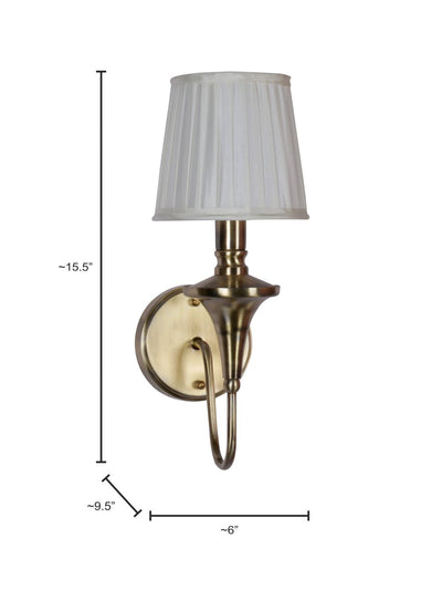 Gold Transitional 15 Inch Brass Single Wall Lamp Light With White Pleated Fabric Shade