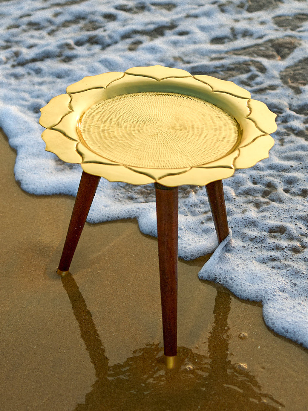 Brass Lotus Accent Table - Wooden Legs