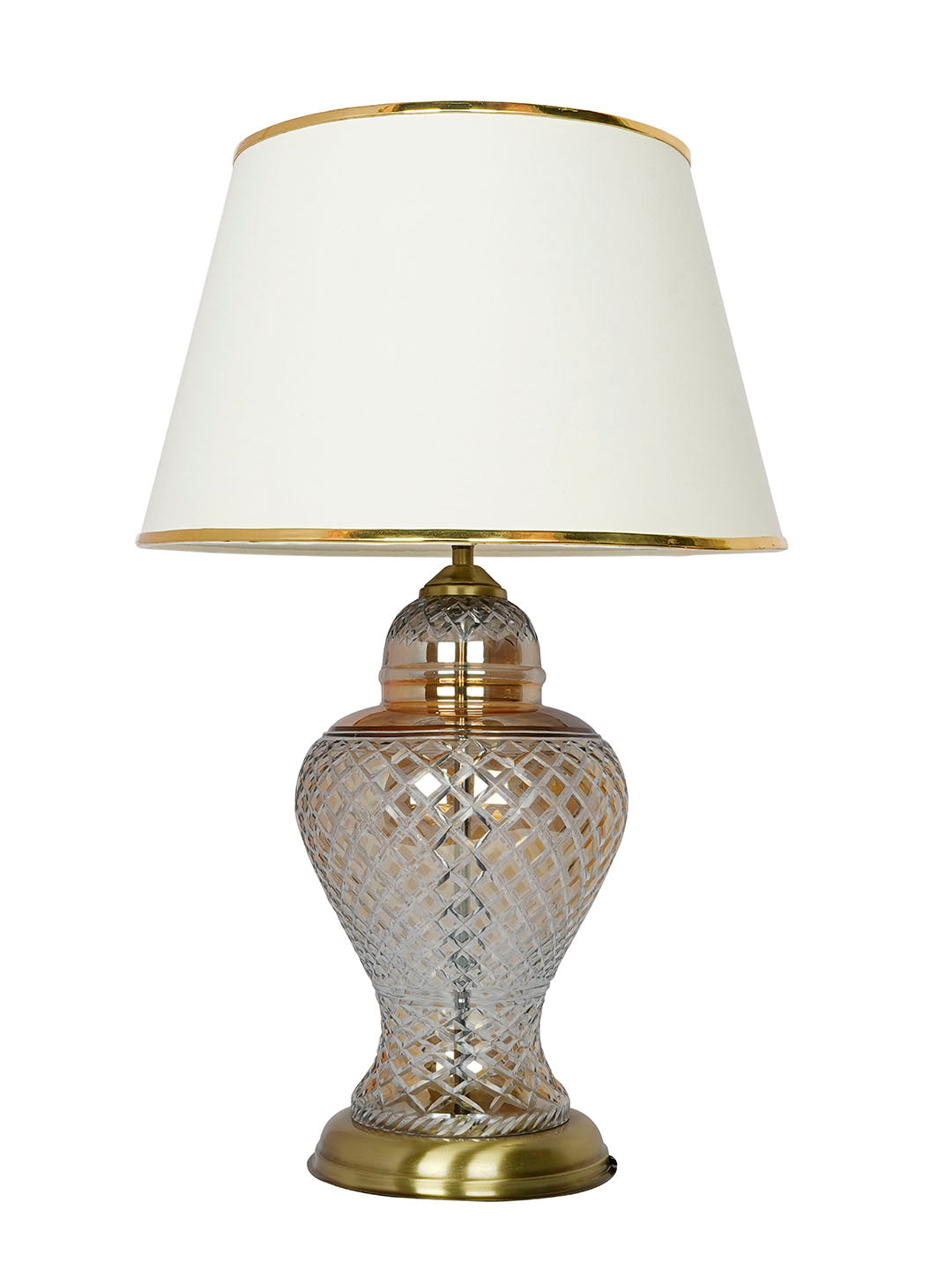 Golden Luster Glass Urn Table Lamp with Cream Shade and Golden Beading