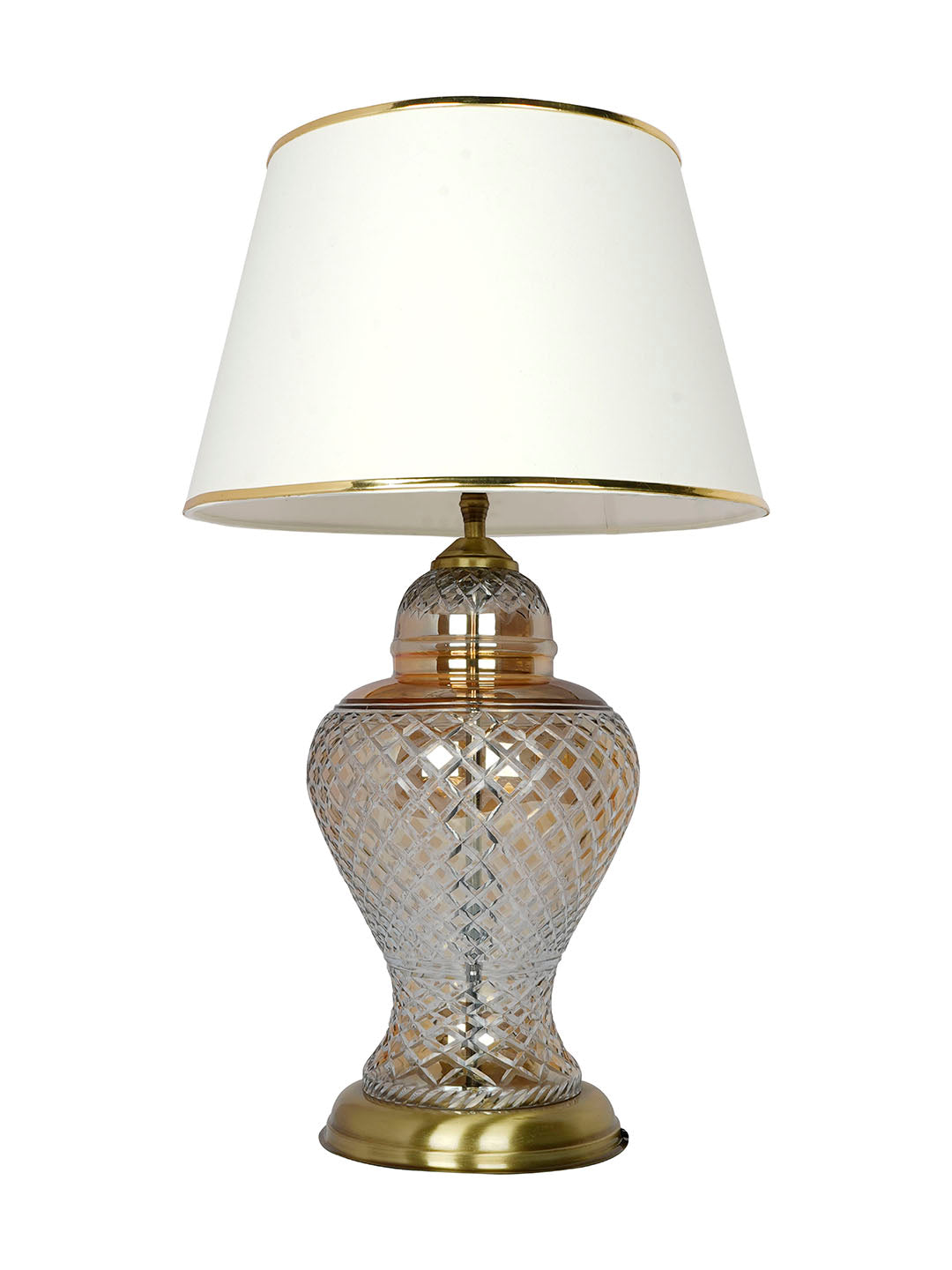 Golden Luster Glass Urn Table Lamp with Cream Shade and Golden Beading