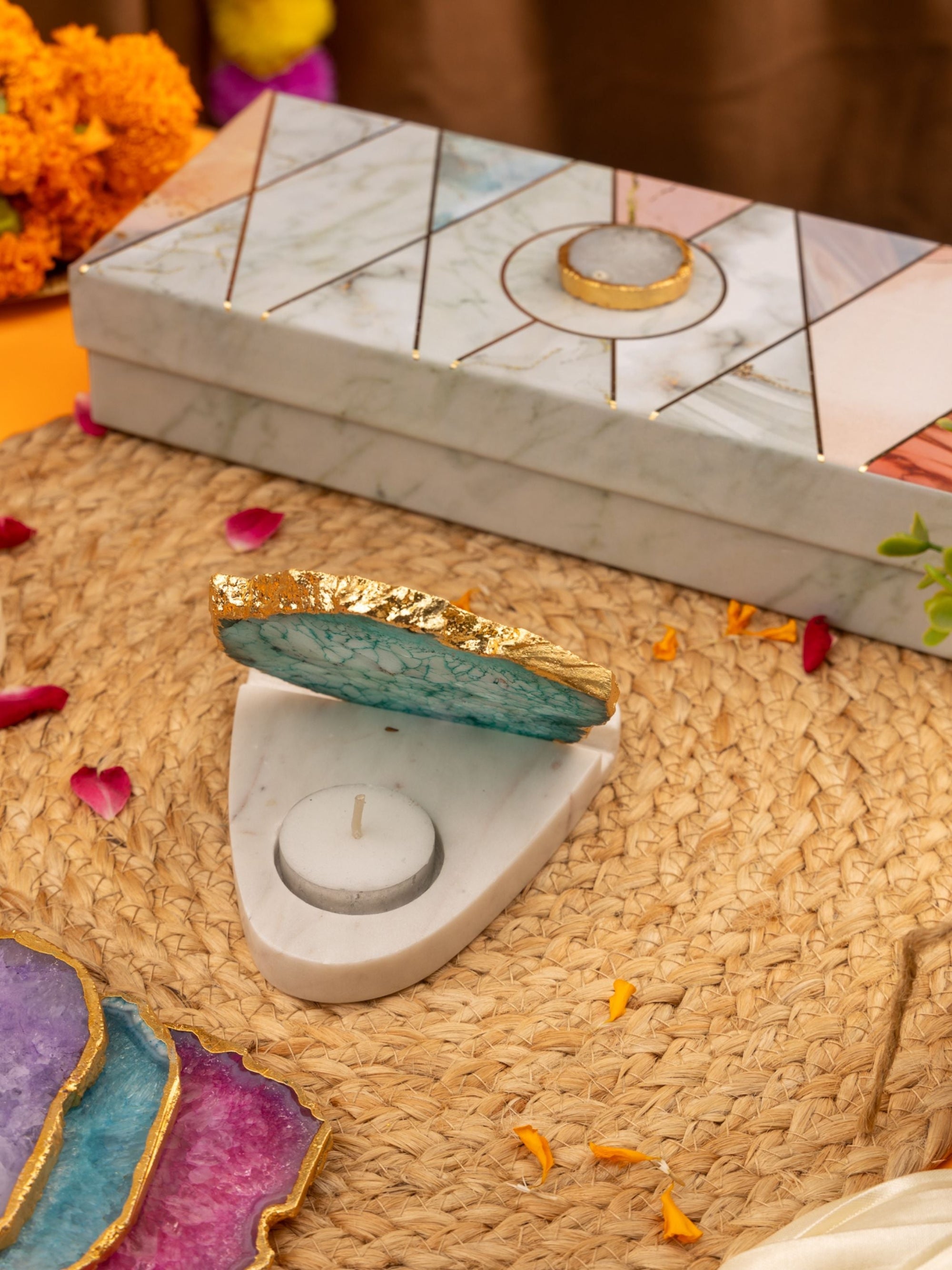 Agate Stone With Marble Base Tea Light Holder