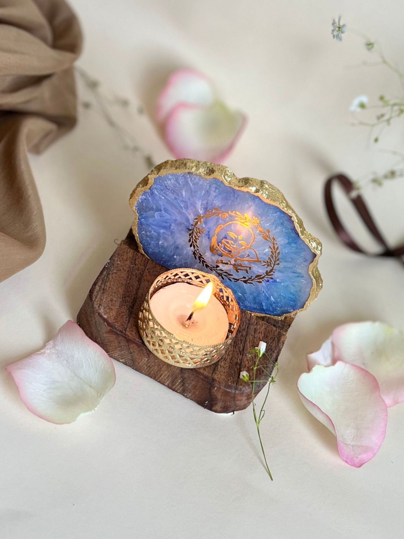 GURU JEE Tea Light Holder Blue Agate with Wood