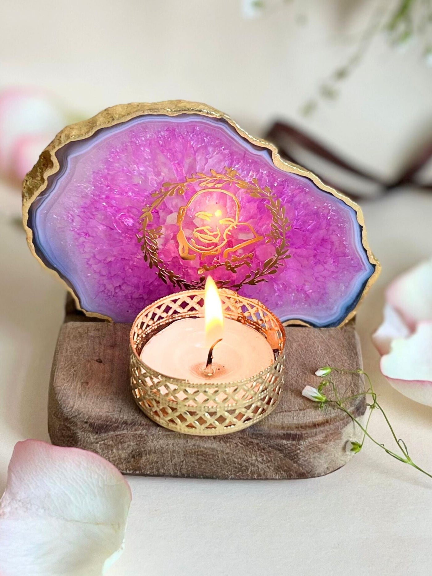 GURU JEE Tea Light Holder Pink Agate with Wood