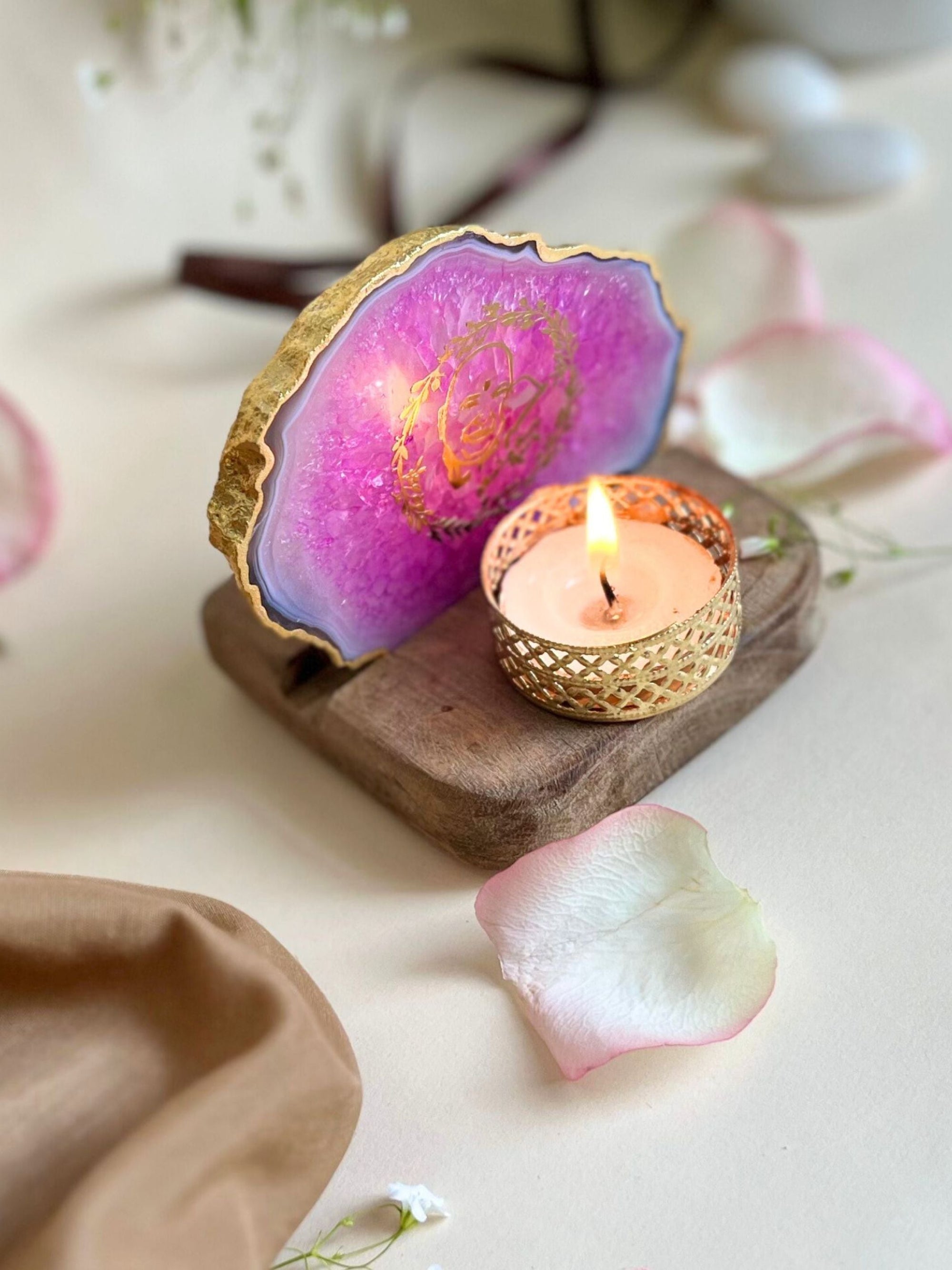 GURU JEE Tea Light Holder - Agate with Wood