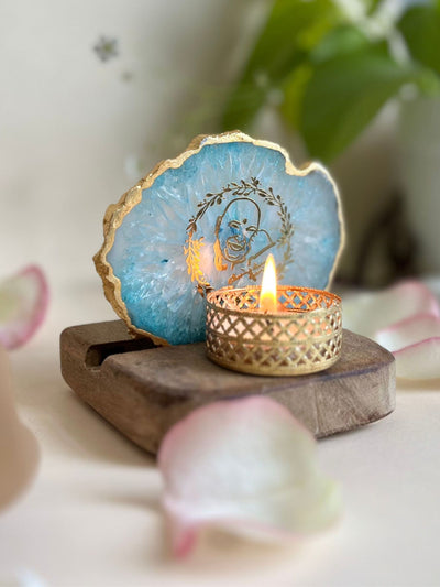 GURU JEE Tea Light Holder Turquoise Agate with Wood