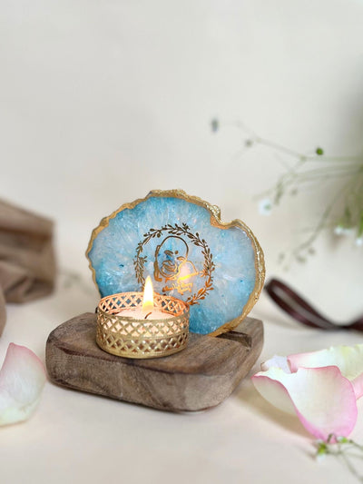 GURU JEE Tea Light Holder Turquoise Agate with Wood
