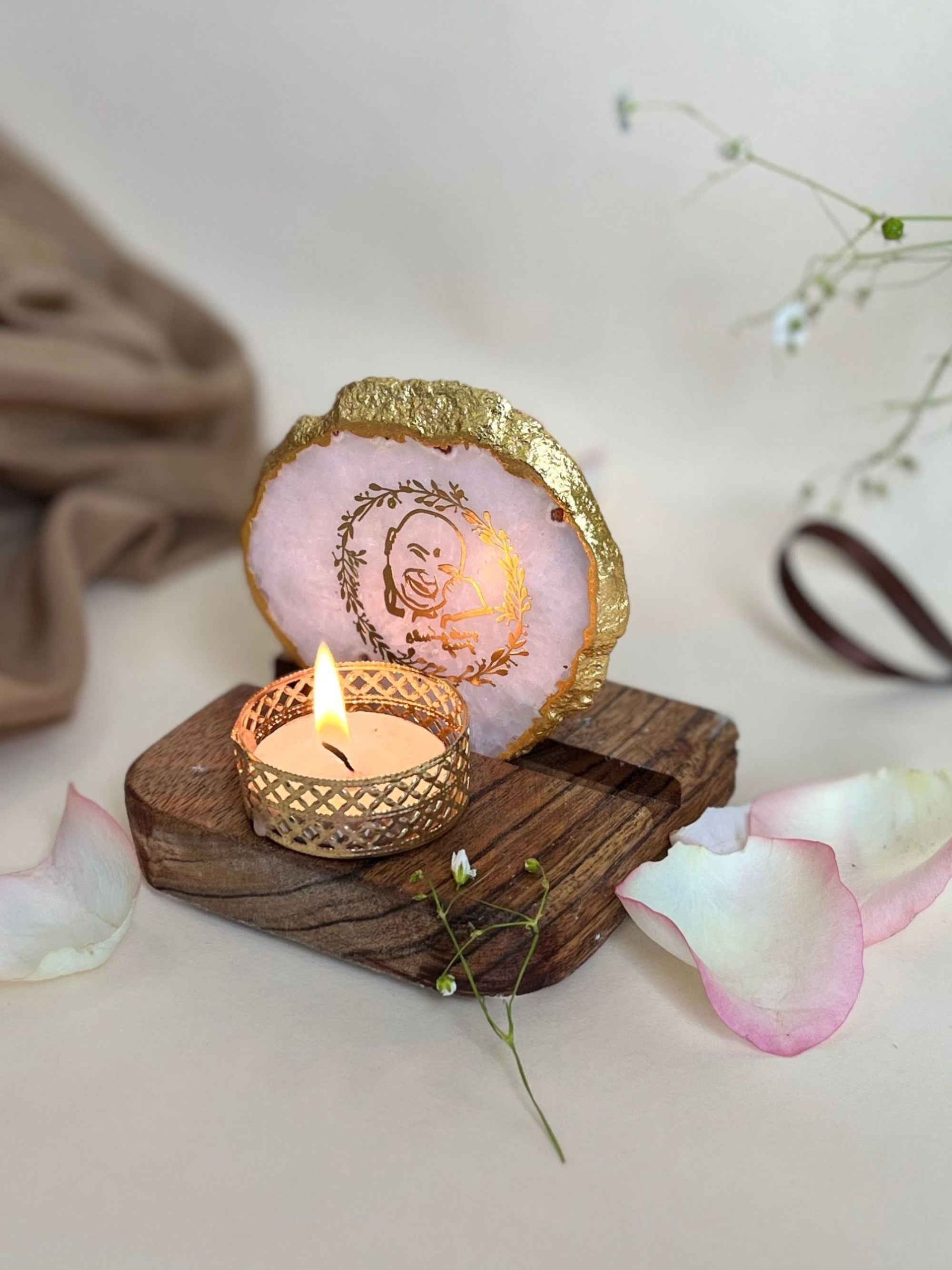 GURU JEE Tea Light Holder - Agate with Wood