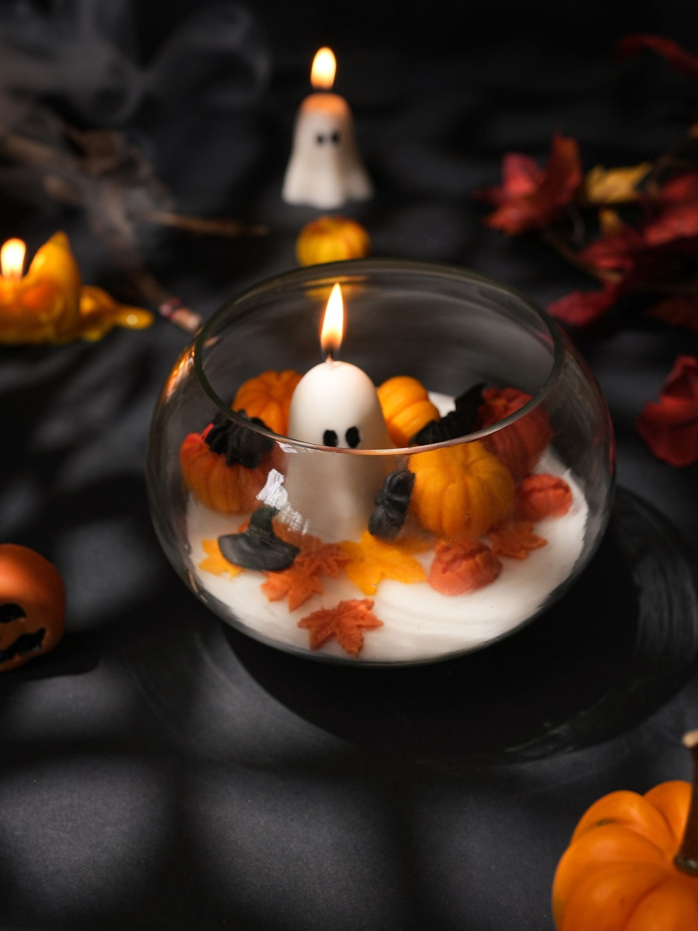 Halloween Pumpkins with Ghost Soy Wax Candle