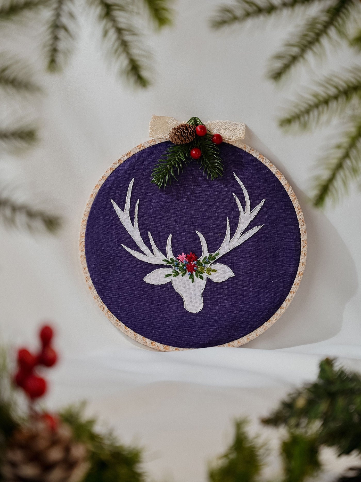 Hand embroidered and painted Reindeer Wall Hoop