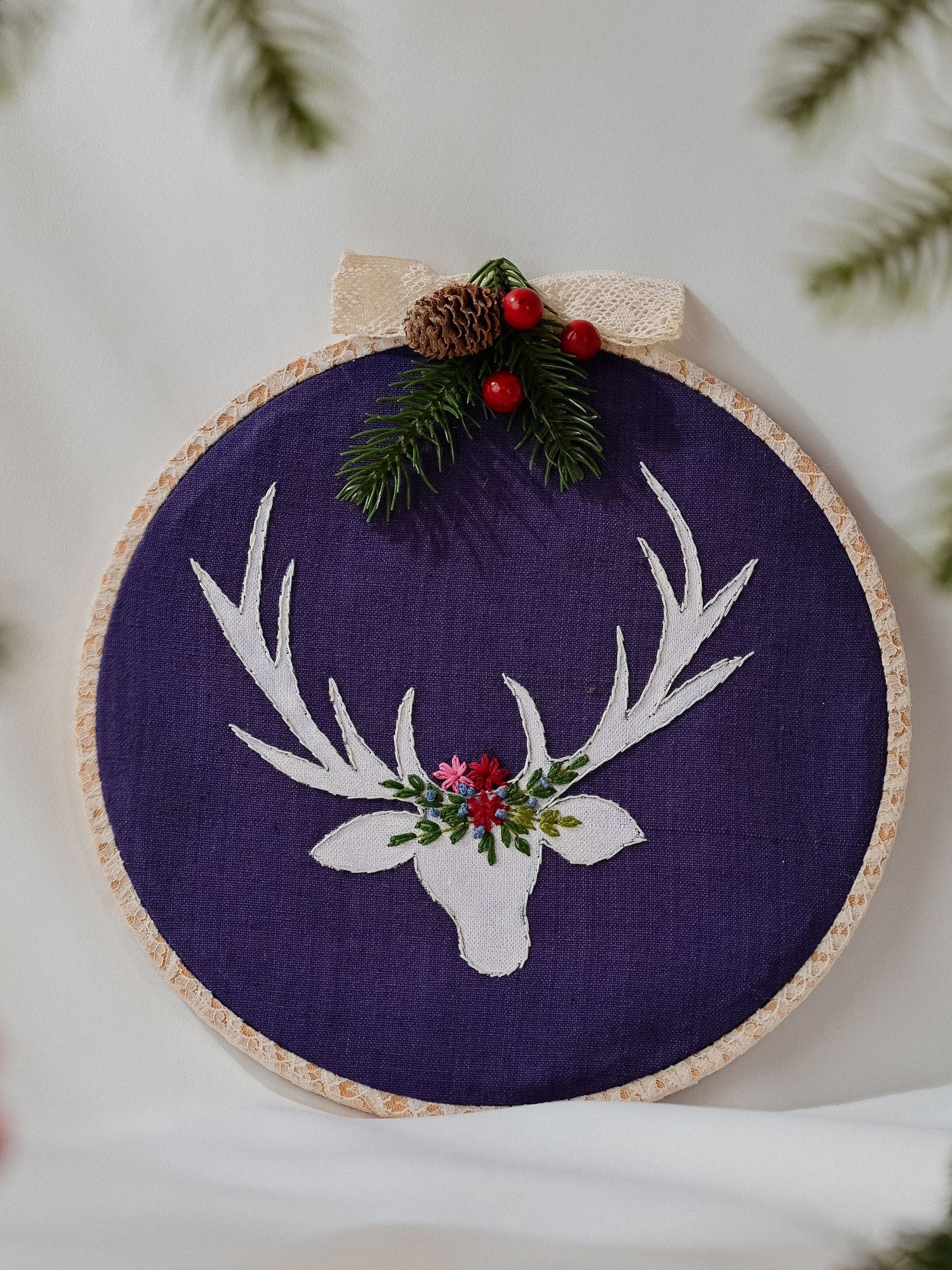 Hand embroidered and painted Reindeer Wall Hoop