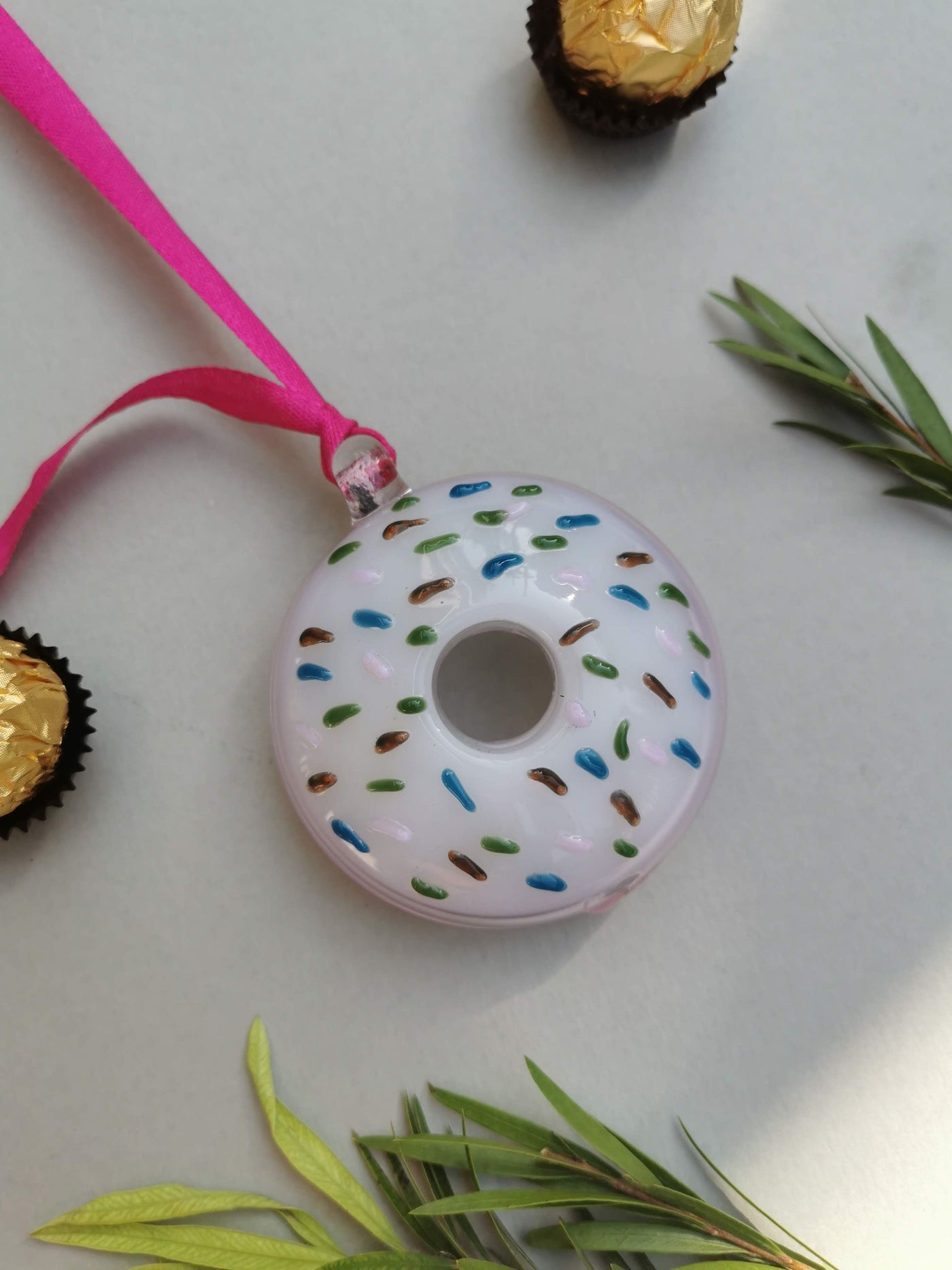 Handblown Glass Donut Ornaments- Ice Pink