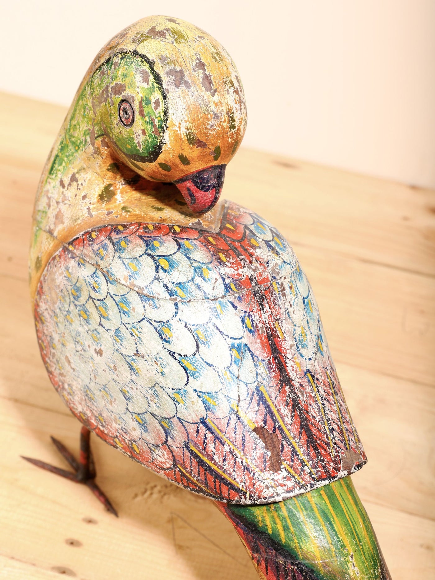 Handcarved & Painted Parakeet with metal legs