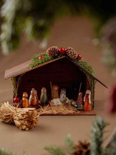 Handcrafted nativity scene in clay & Indian Rosewood