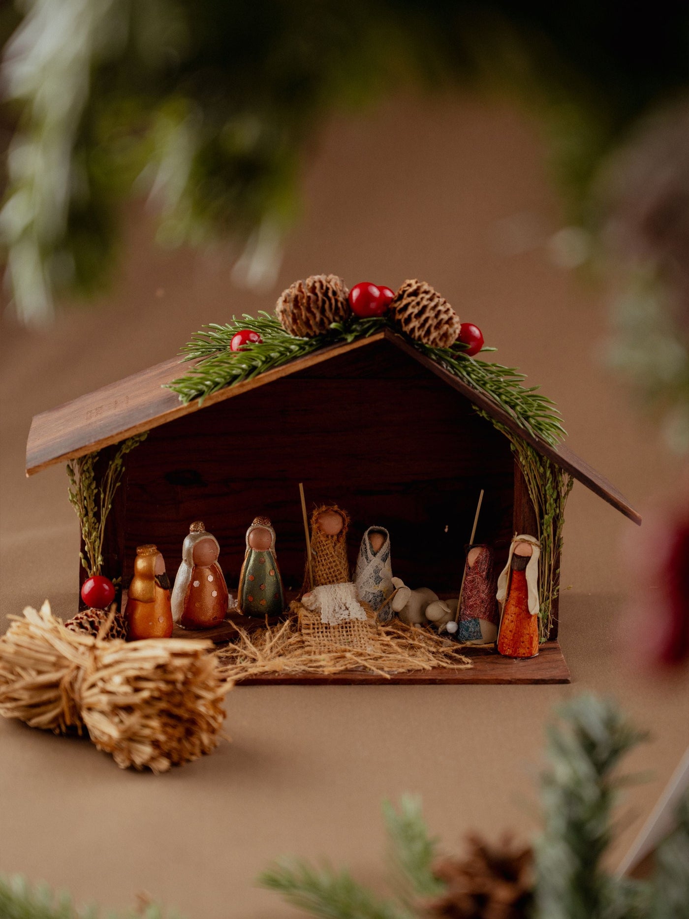 Handcrafted nativity scene in clay & Indian Rosewood