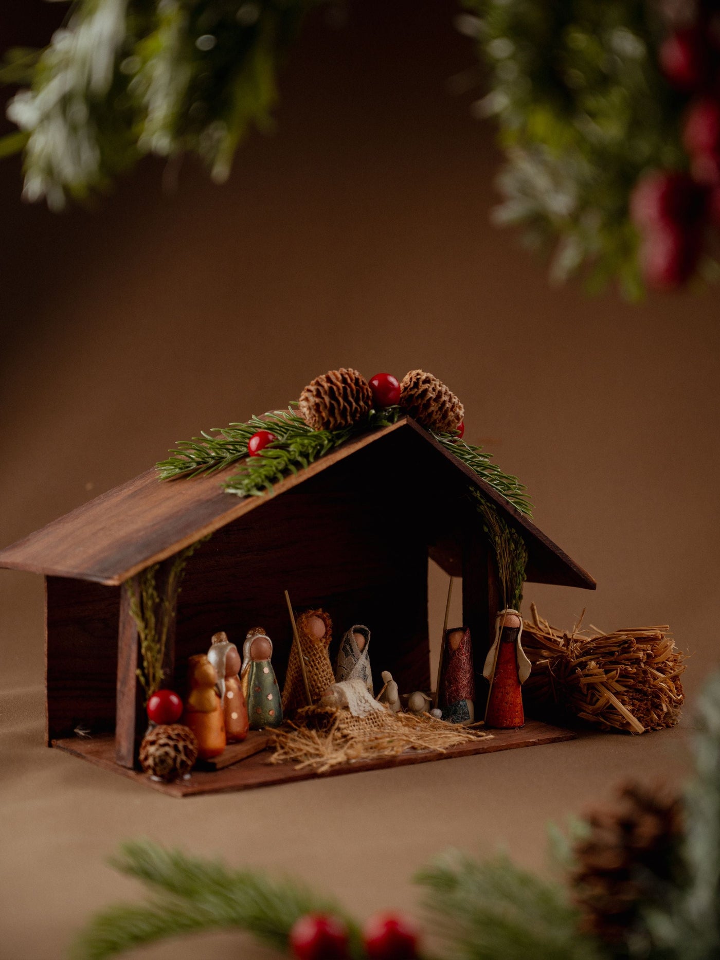 Handcrafted nativity scene in clay & Indian Rosewood