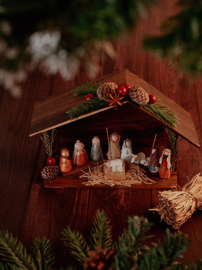 Handcrafted nativity scene in clay & Indian Rosewood