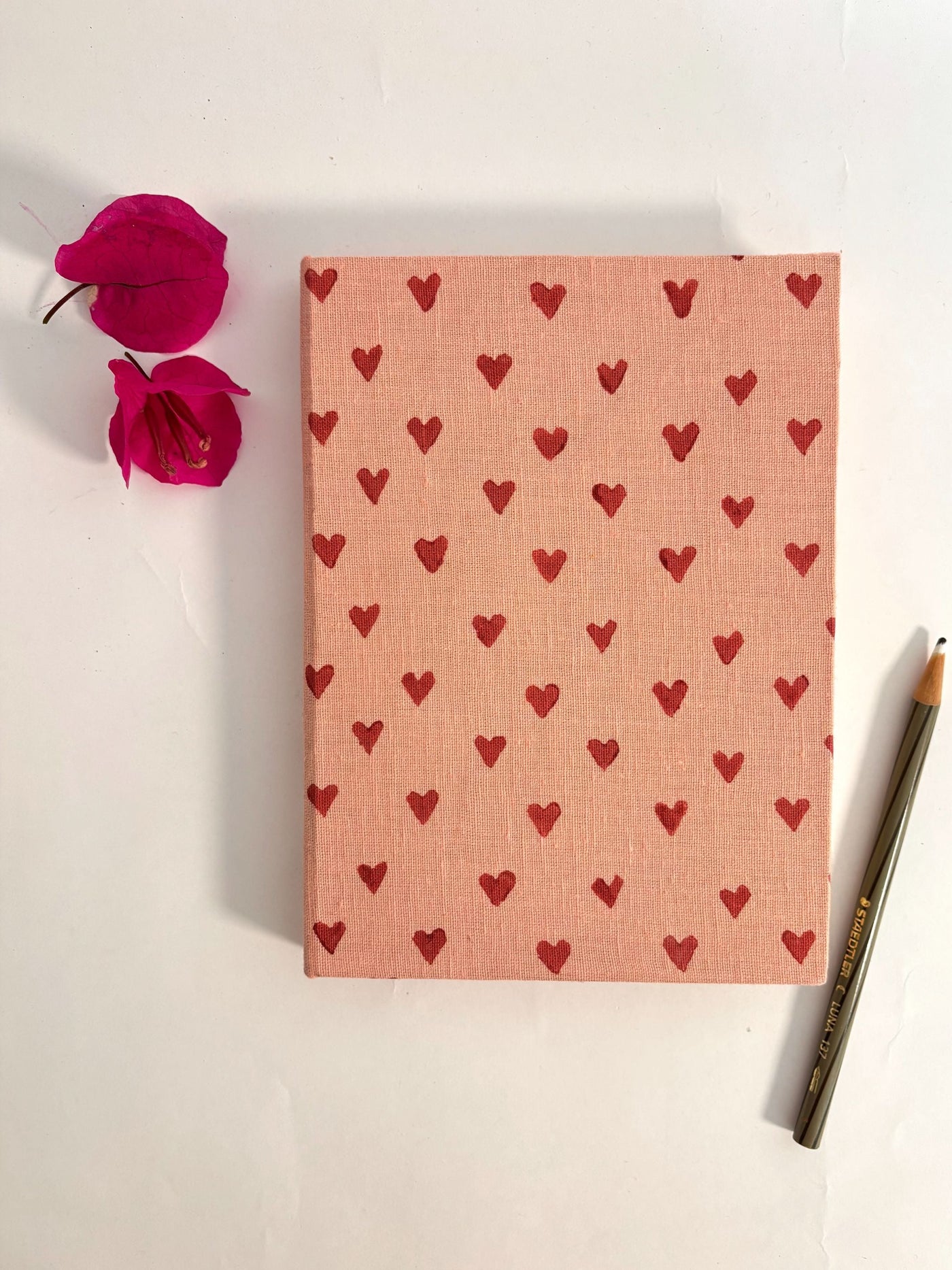 Handcrafted with Red Hearts on Pink A5 Journal Notebook