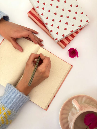 Handcrafted with Red Hearts on Pink A5 Journal Notebook