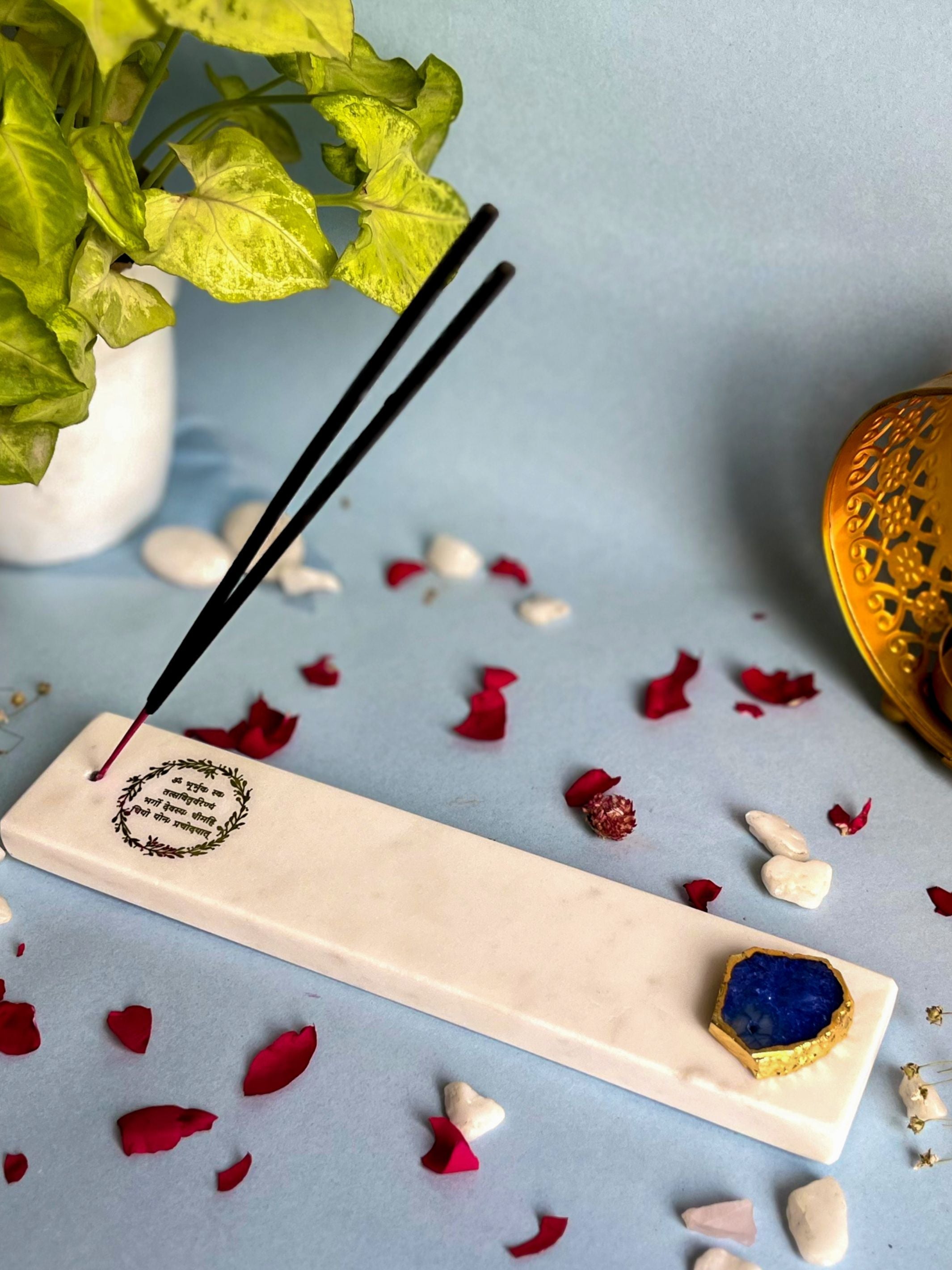 Gayatri Mantra Agarbatti Stand - Handmade Marble & Agate