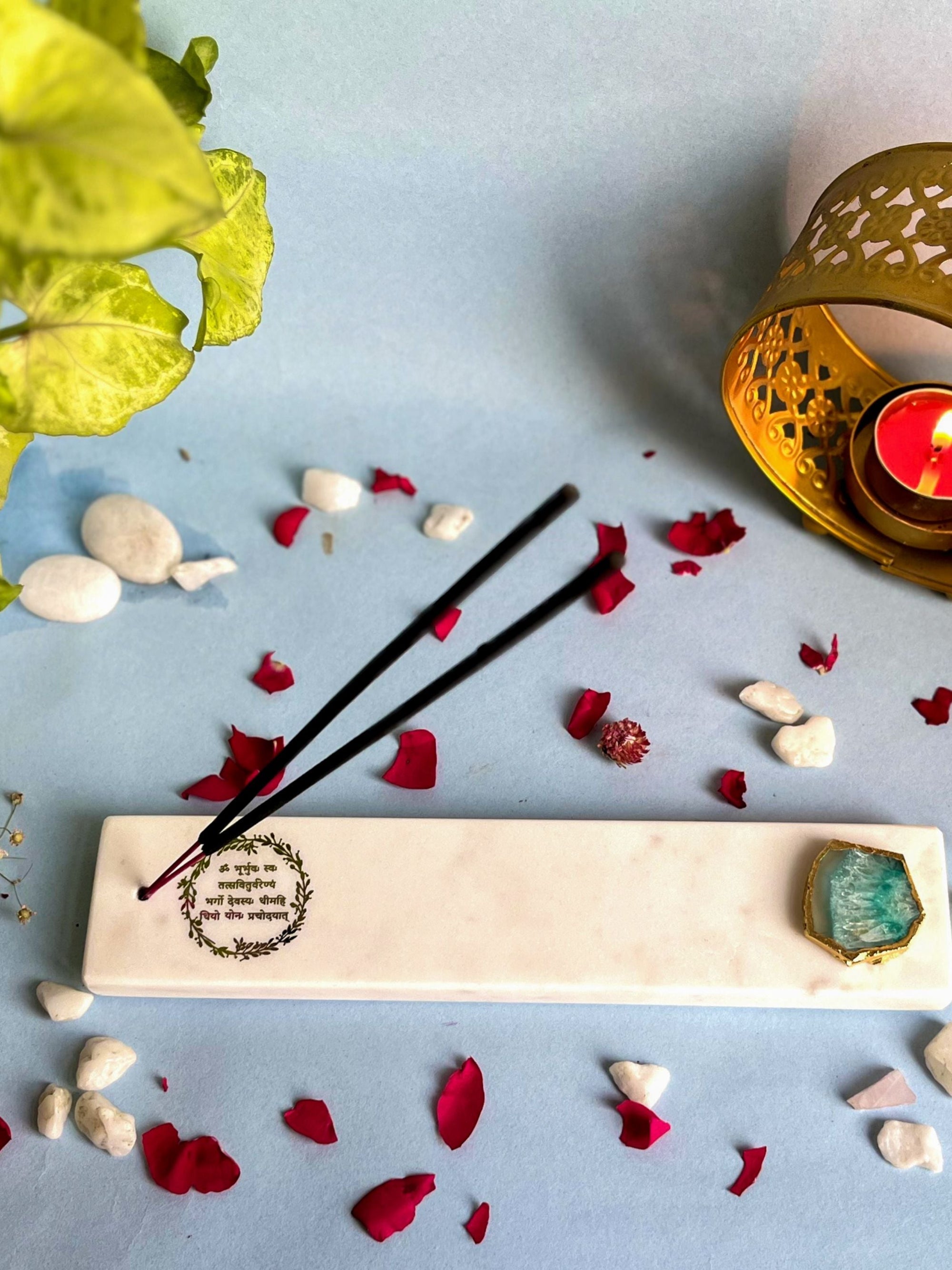 Gayatri Mantra Agarbatti Stand - Handmade Marble & Agate