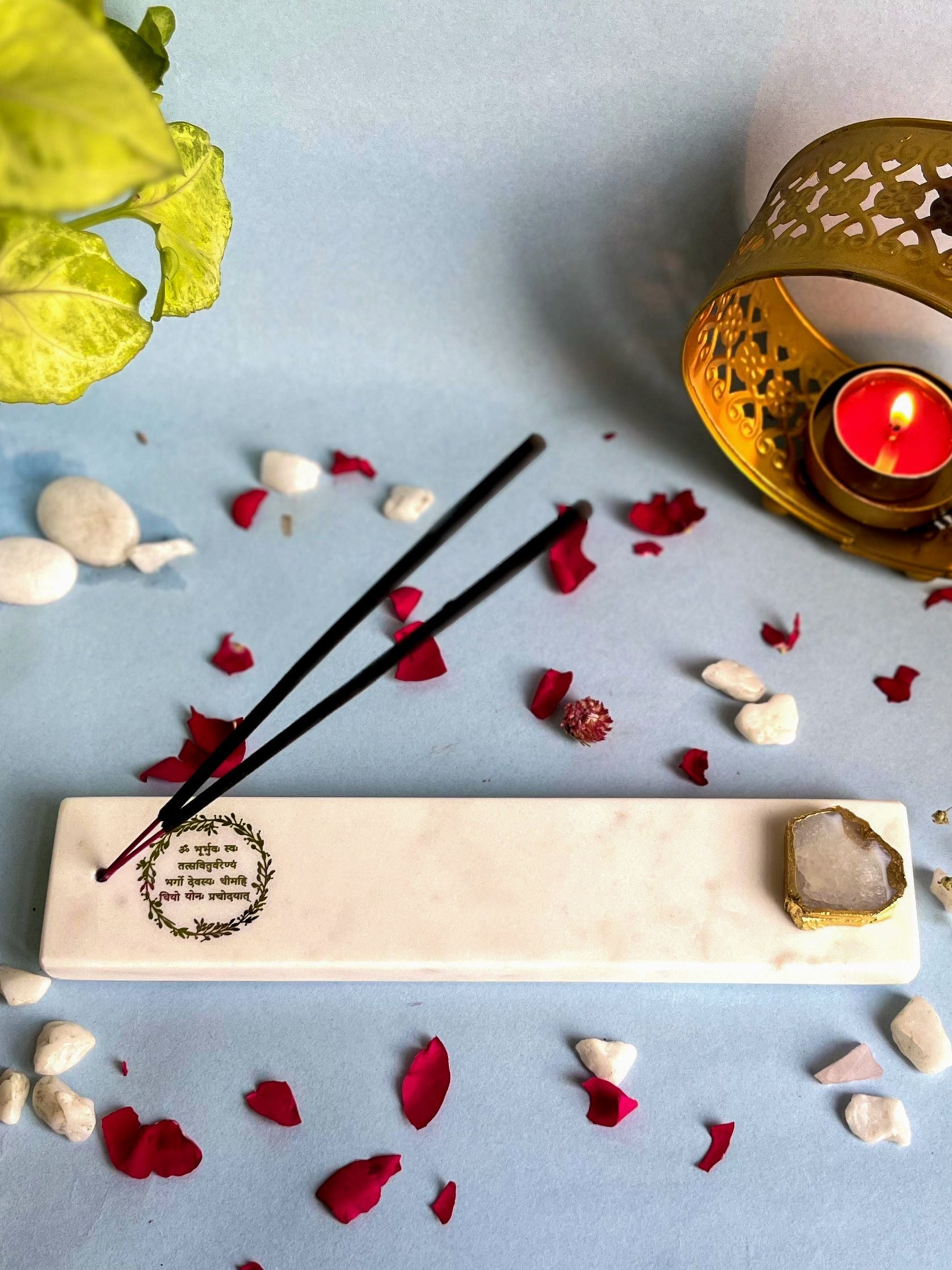 Gayatri Mantra Agarbatti Stand - Handmade Marble & Agate
