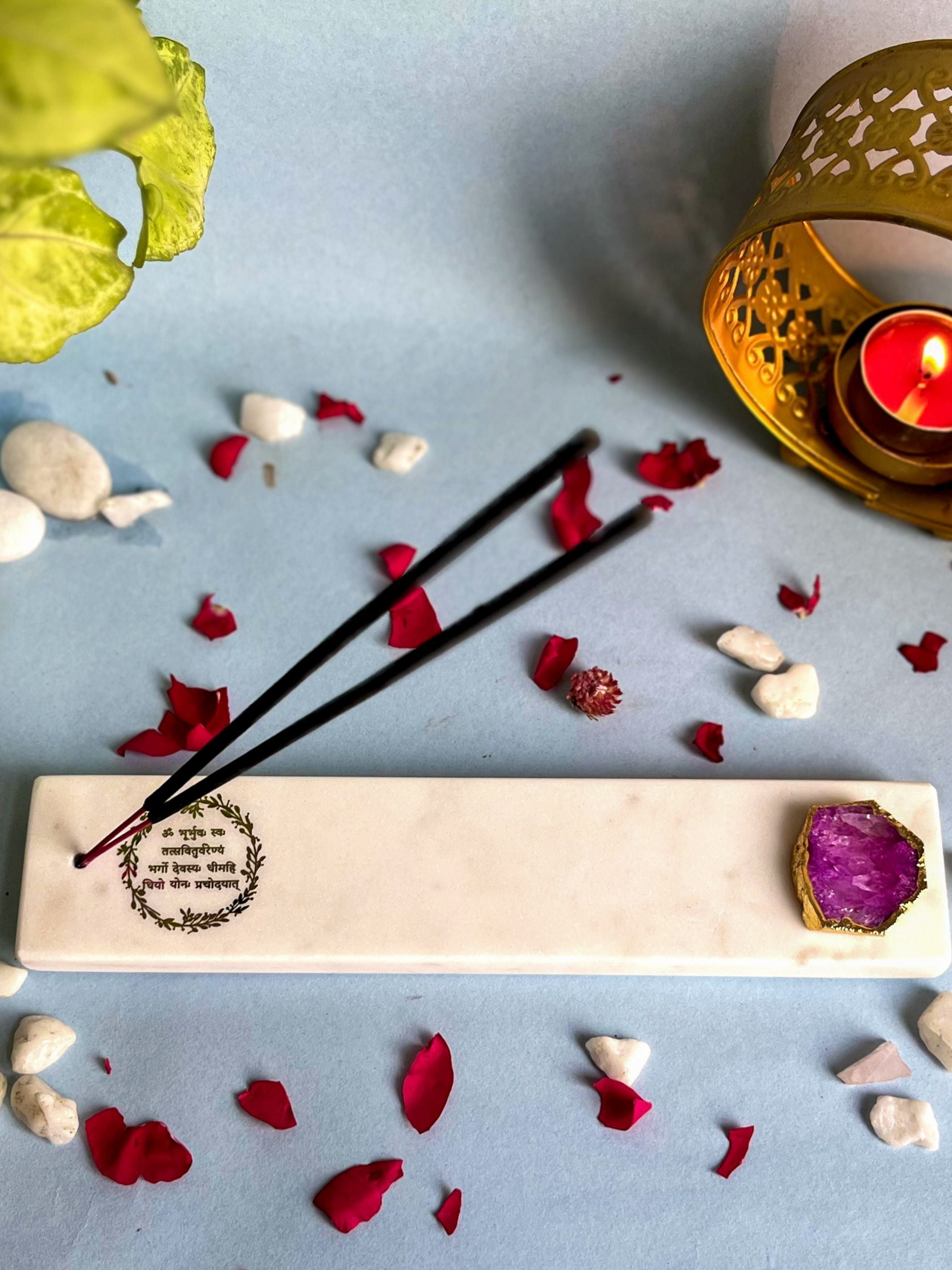 Gayatri Mantra Agarbatti Stand - Handmade Marble & Agate