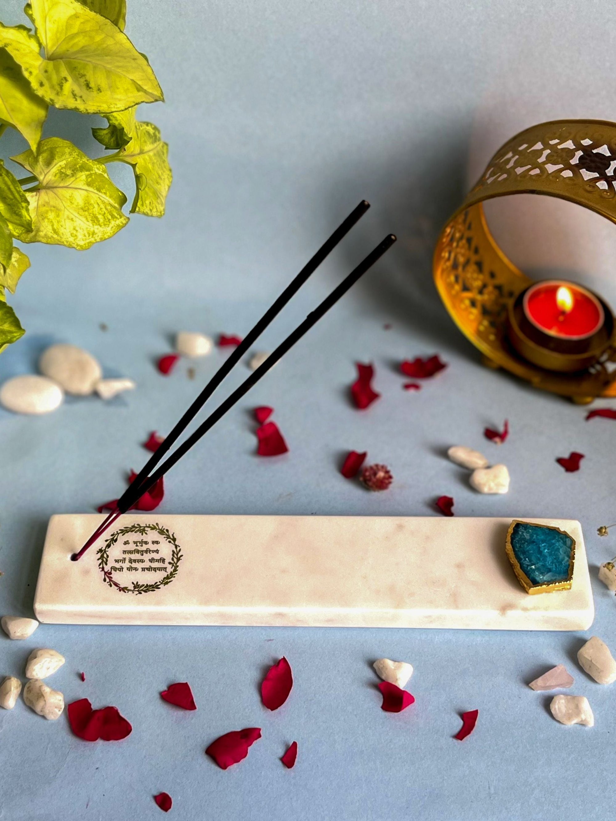 Gayatri Mantra Agarbatti Stand - Handmade Marble & Agate