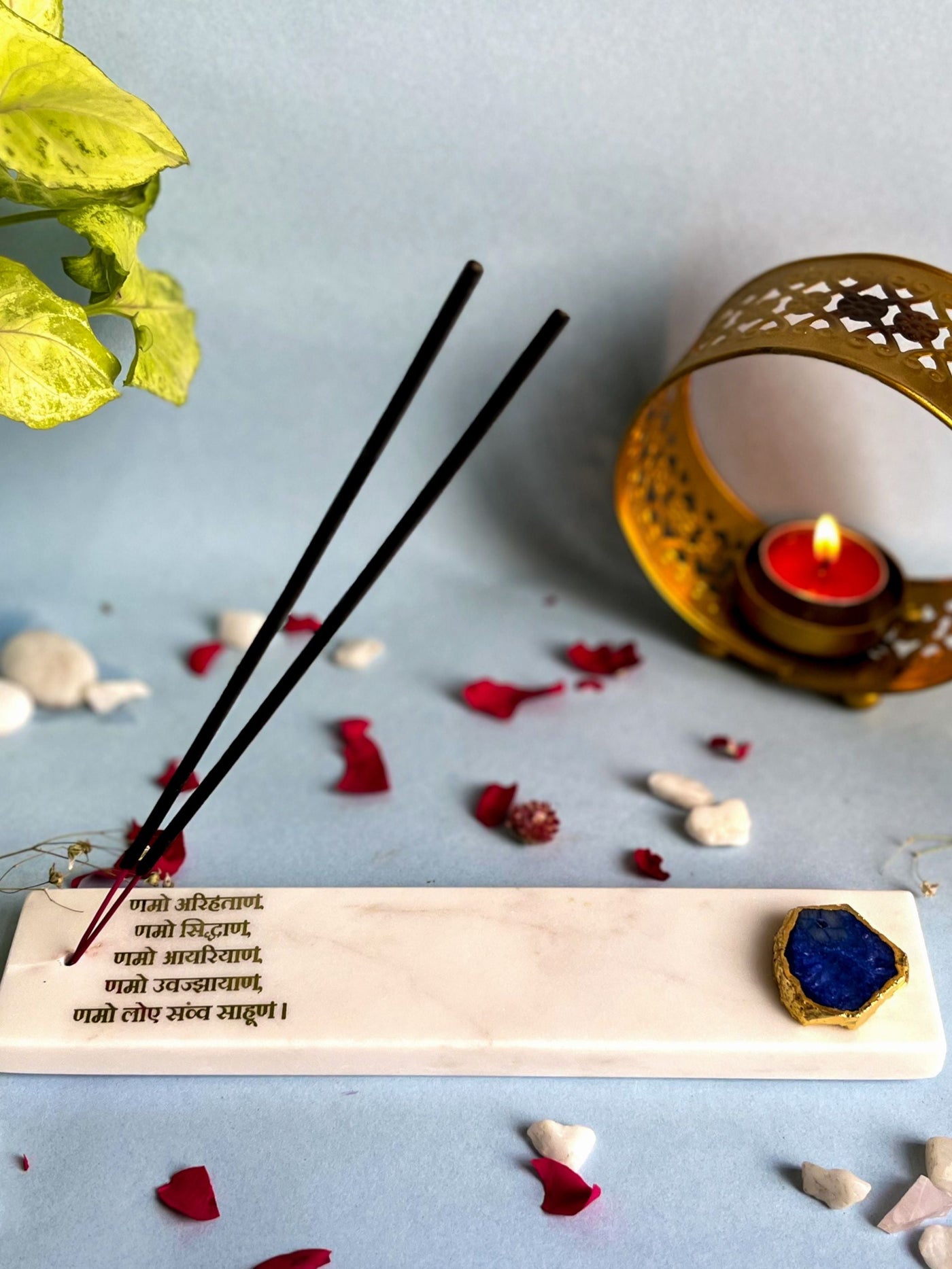 Agarbatti Stand - Handmade Marble & Agate Namokar Mantra Blue