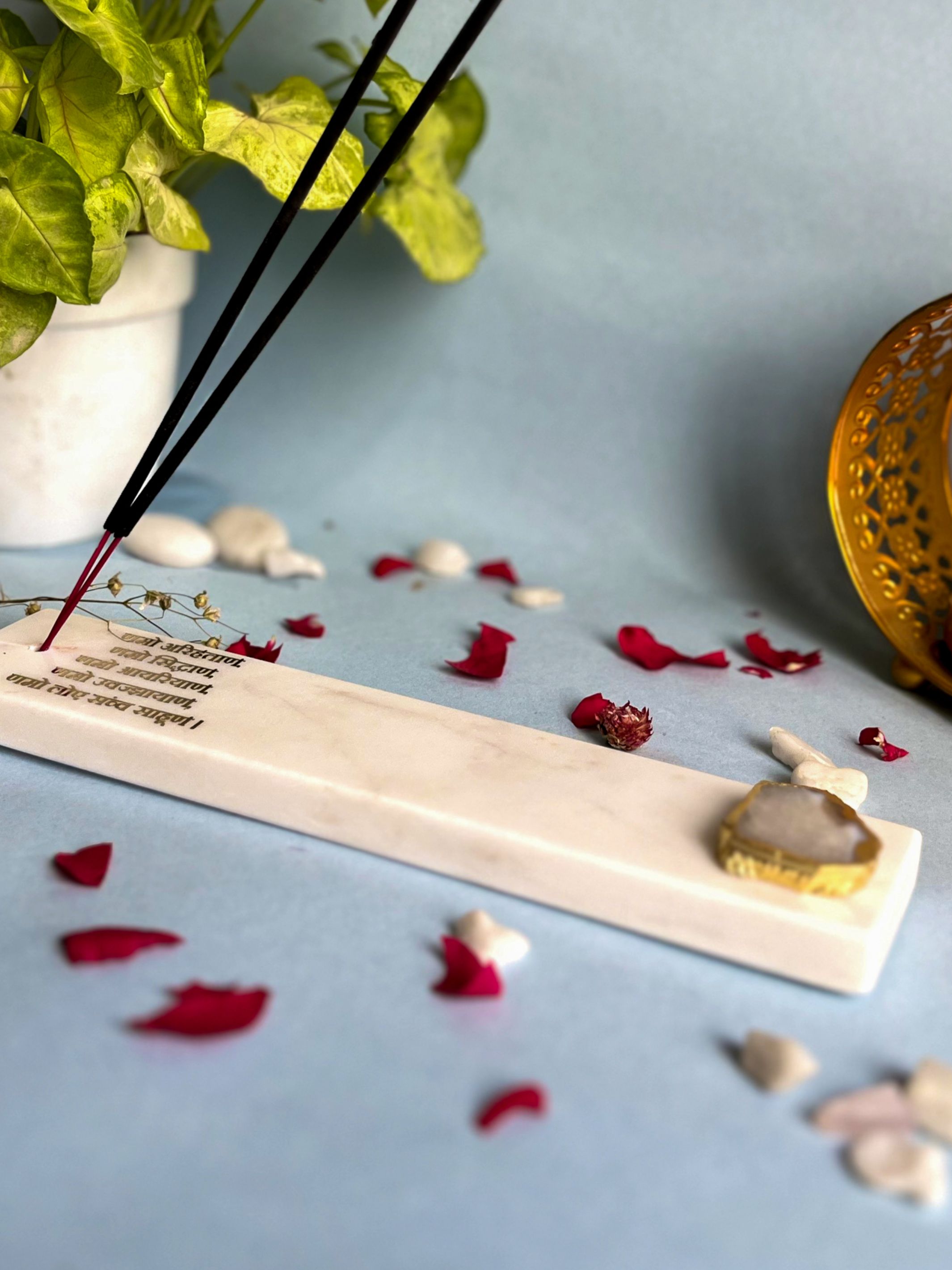 Namokar Mantra Agarbatti Stand - Handmade Marble & Agate