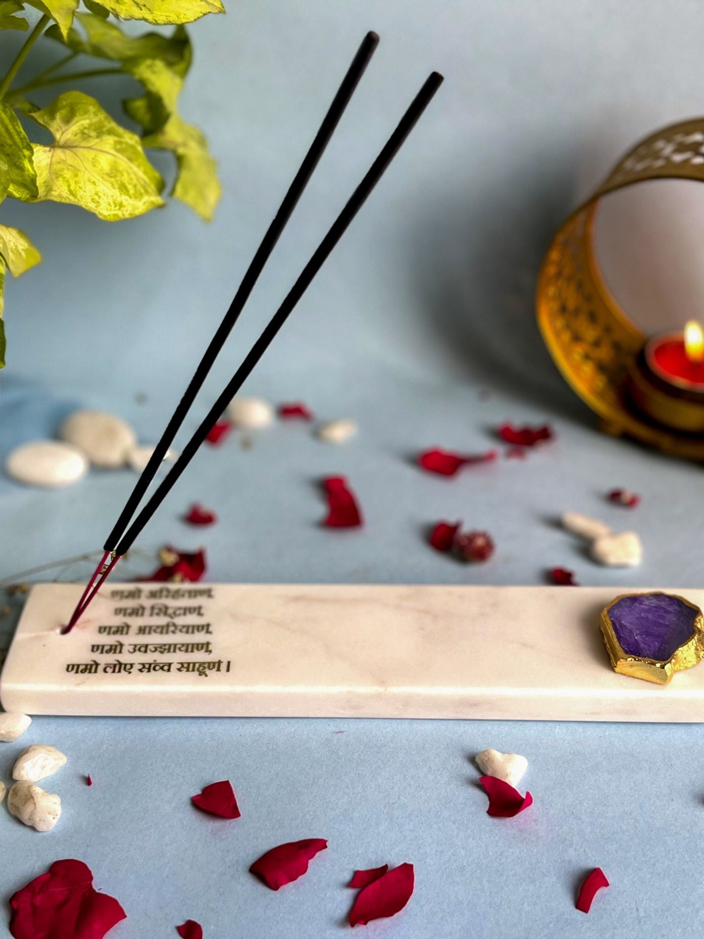 Agarbatti Stand - Handmade Marble & Agate Namokar Mantra Purple