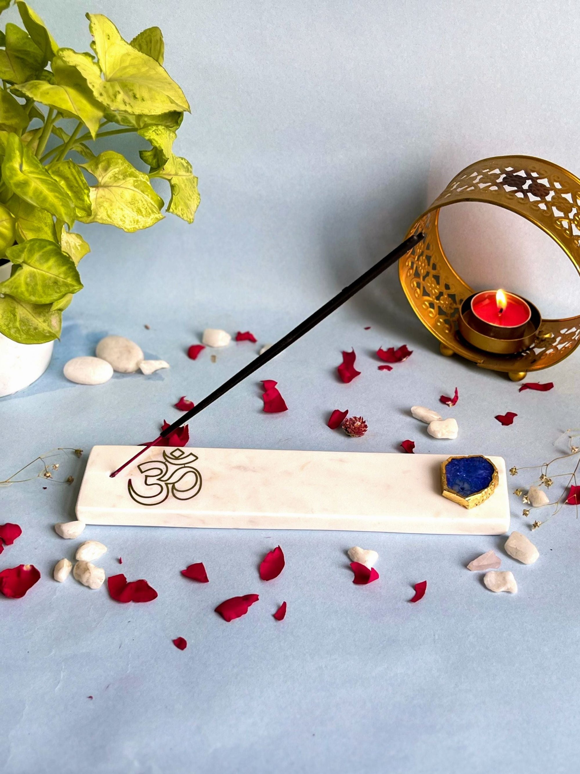 OM Agarbatti Stand - Handmade Marble & Agate