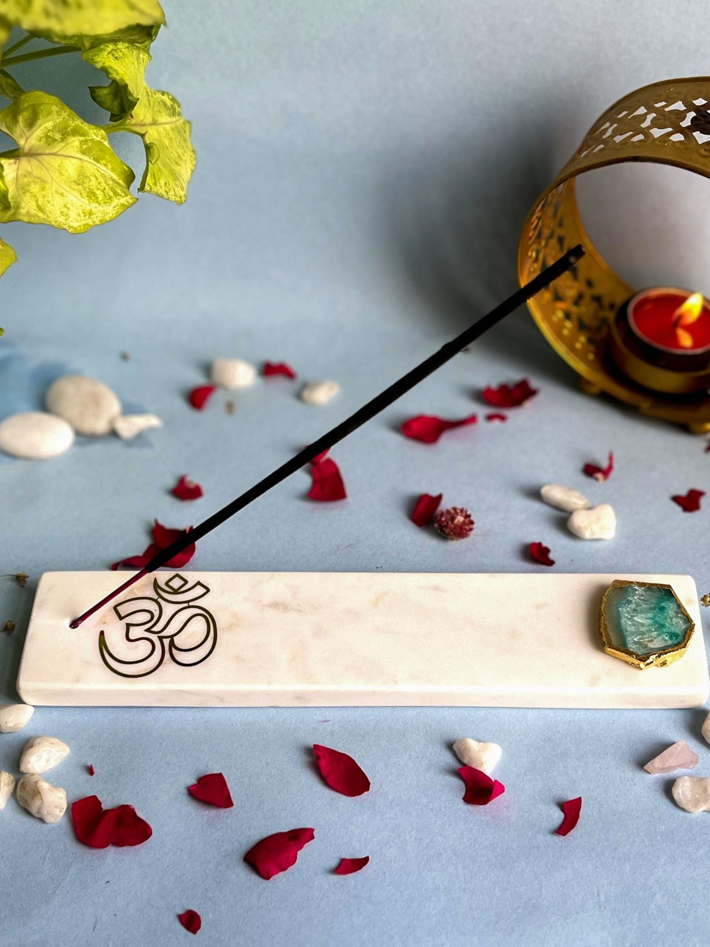 OM Agarbatti Stand - Handmade Marble & Agate