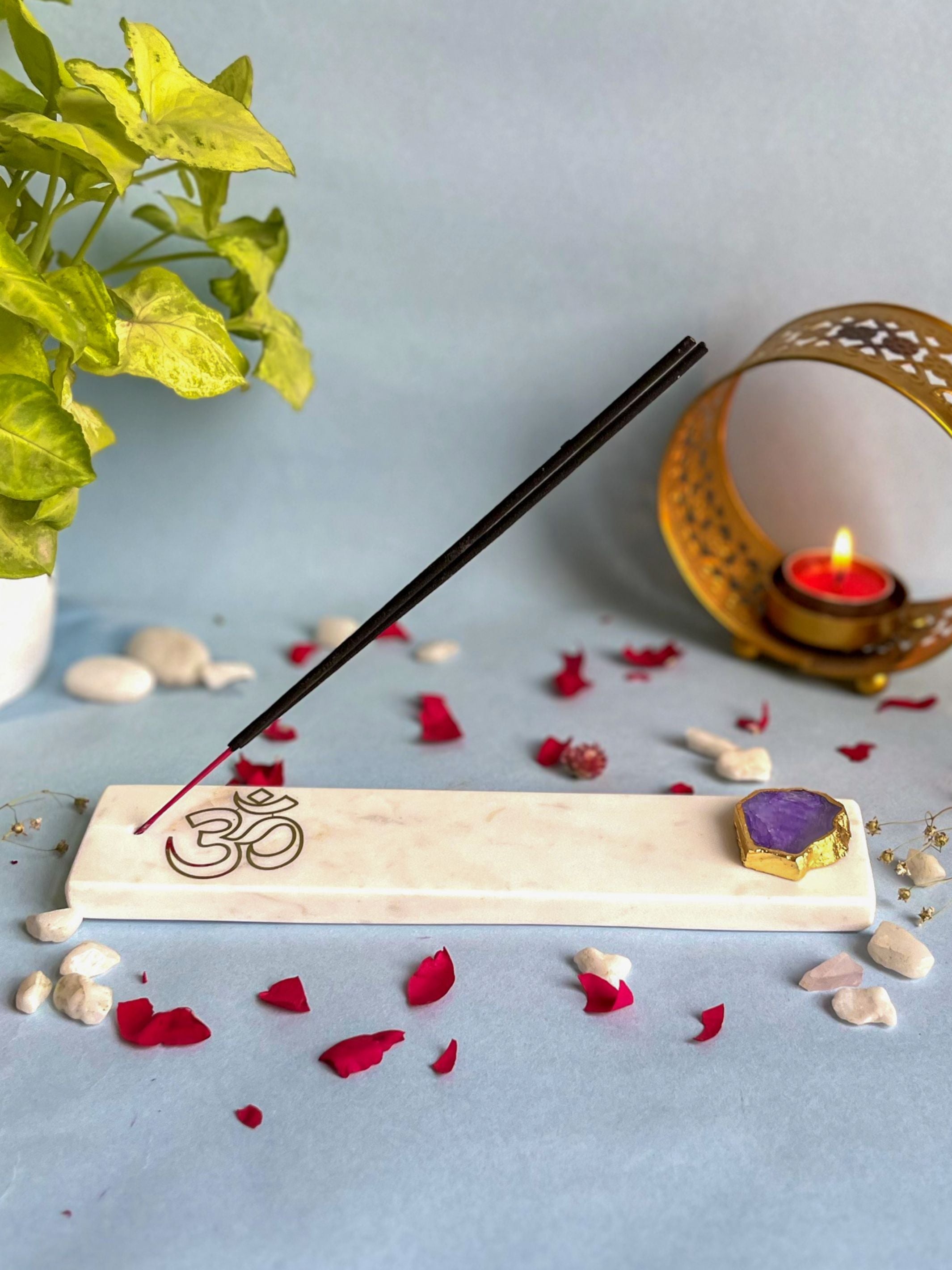 OM Agarbatti Stand - Handmade Marble & Agate