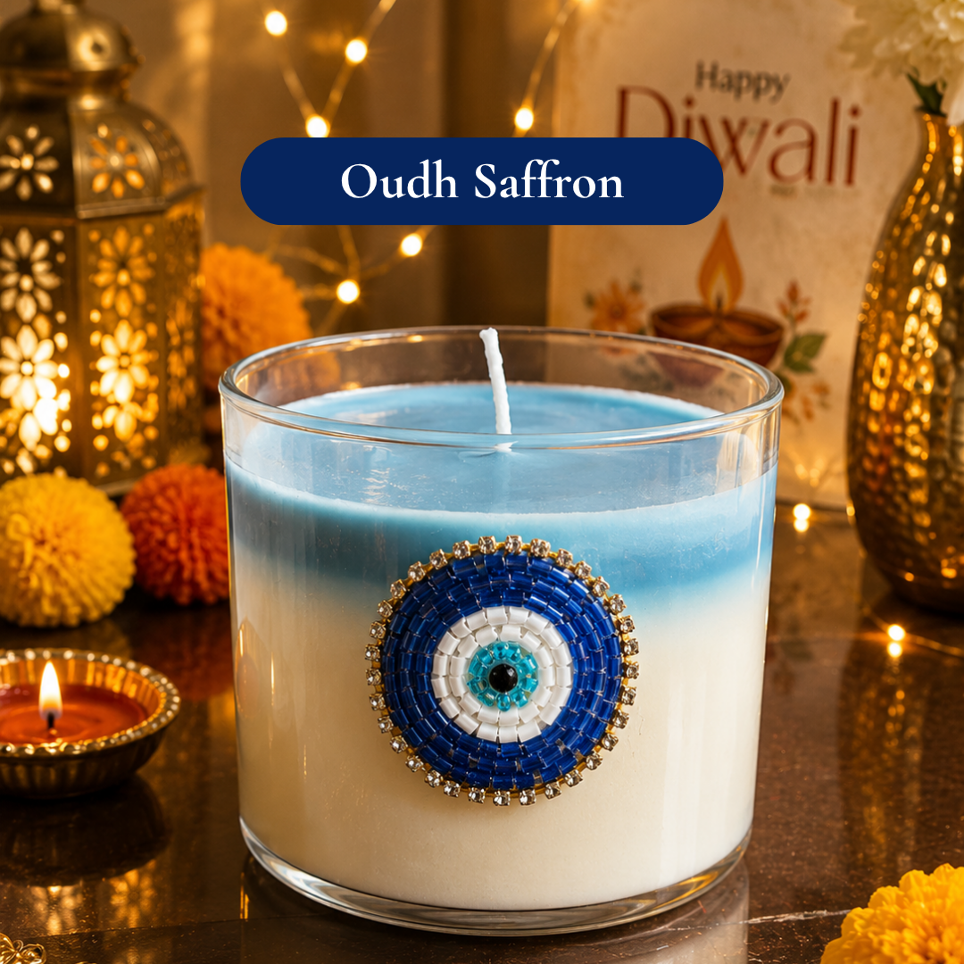 Azure Nazar Glow Candle Gift Box | Evil Eye Diwali Gift Hamper with Saffron - https://artecasa.in/