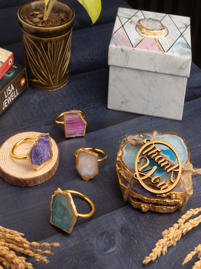 Handmade Agate Coasters & Napkin Rings Set of 4 Hamper – Elegant Natural Stone Tableware Gift Set