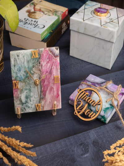 Multi-Color Agate Desk Clock with Set of 2 Square Agate Coasters –  Gemstone Gift Hamper for Home & Office Décor
