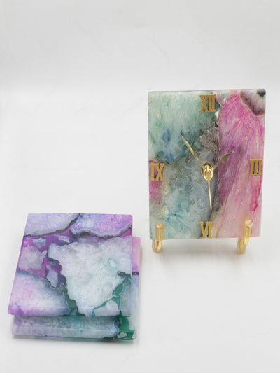 Multi-Color Agate Desk Clock with Set of 2 Square Agate Coasters –  Gemstone Gift Hamper for Home & Office Décor