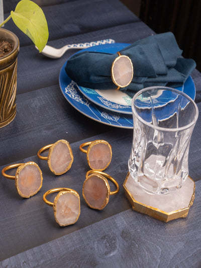 Rose Quartz Coasters and Napkin Rings Set of 6 –  Natural Stone Drink Coasters & Napkin Holders – Tableware Gift Hamper for Dining