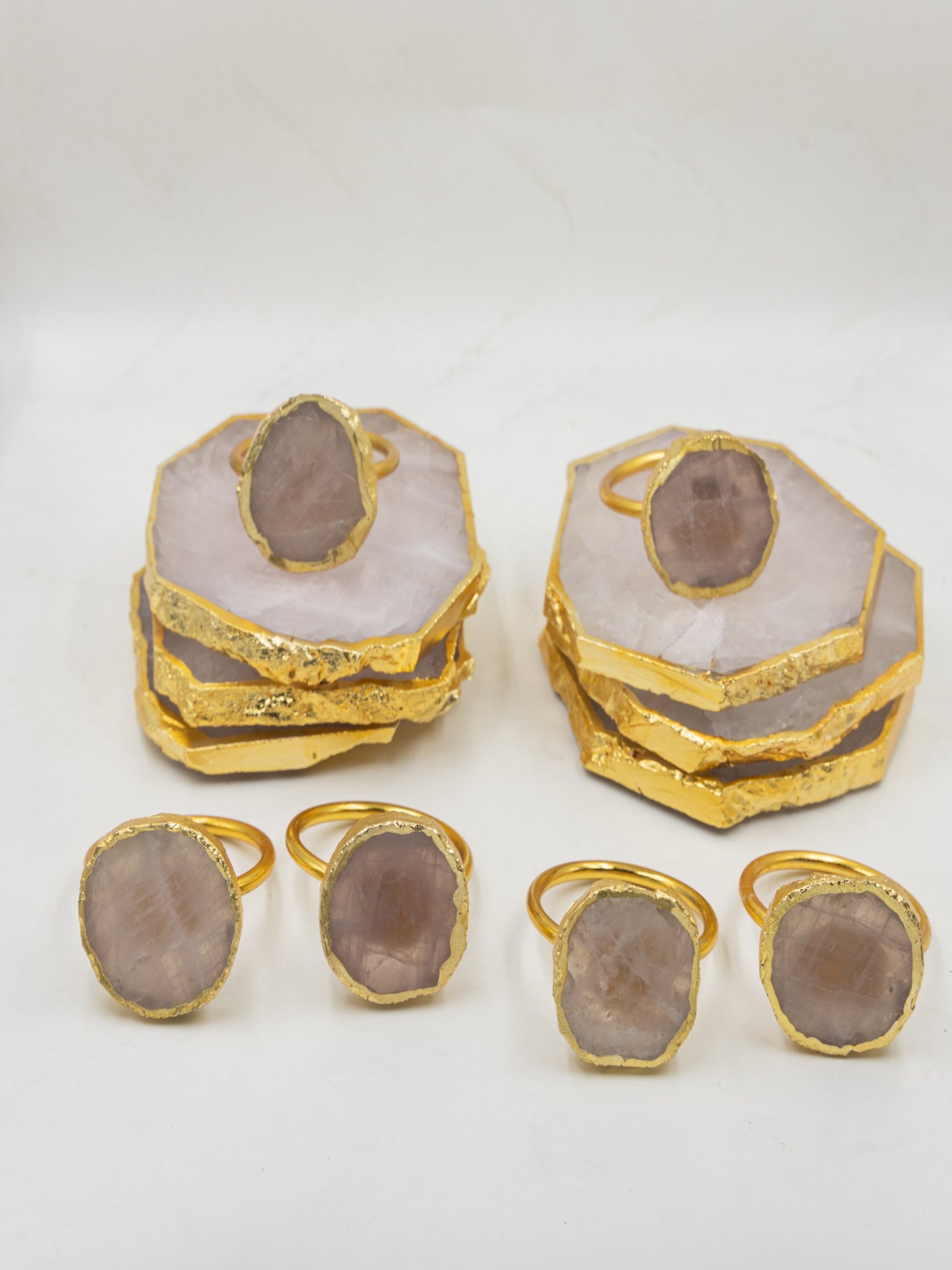 Rose Quartz Coasters and Napkin Rings Set of 6 –  Natural Stone Drink Coasters & Napkin Holders – Tableware Gift Hamper for Dining